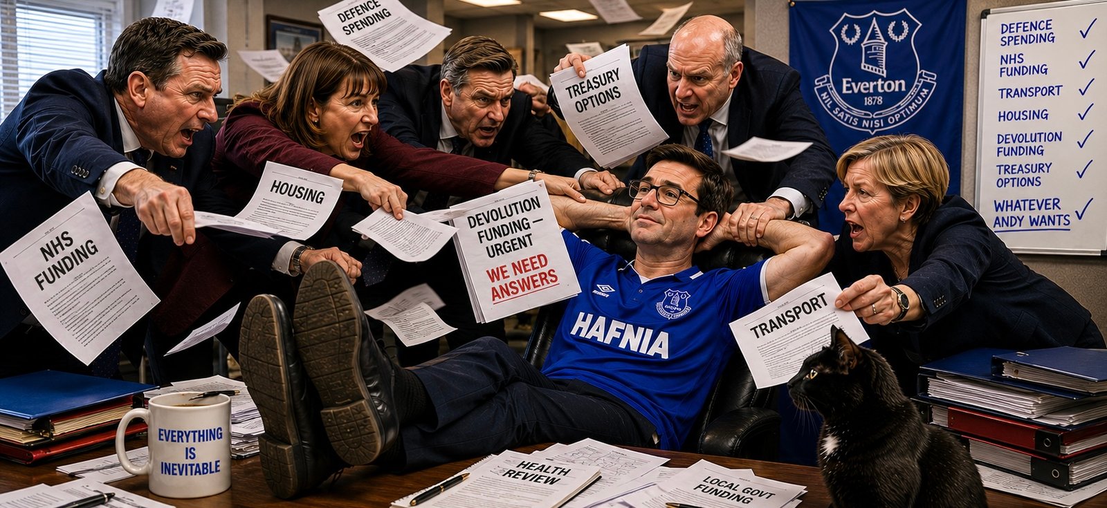 Several senior political figures crowd around a seated man in an Everton shirt, holding papers and signs while Tac sits nearby.