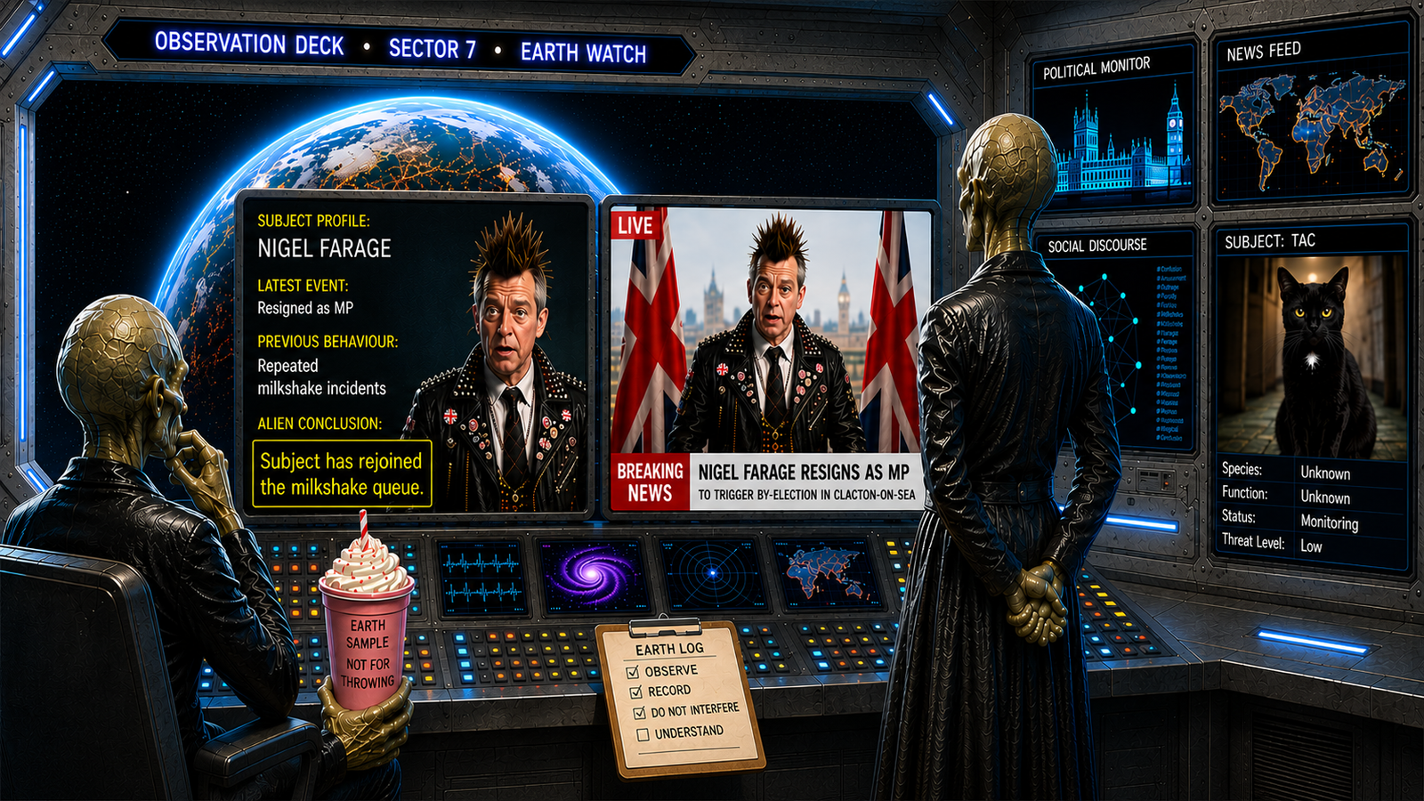 Two extraterrestrial observers watch screens showing Nigel Farage resigning, Earth and Tac, while one holds a labelled milkshake sample.