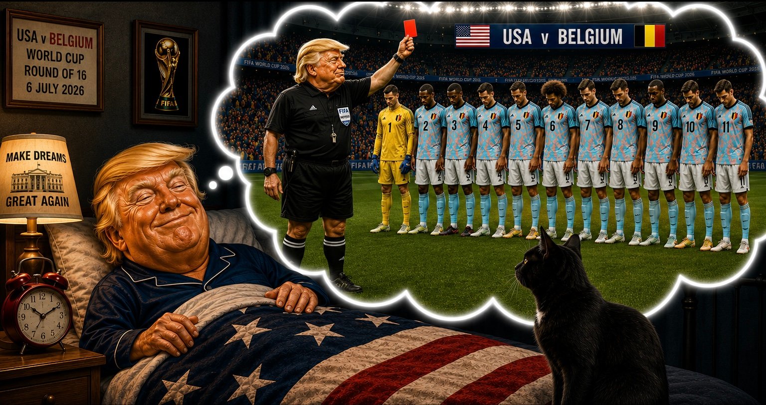 Donald Trump sleeps beneath an American flag blanket and dreams that he is refereeing a football match while Tac watches.