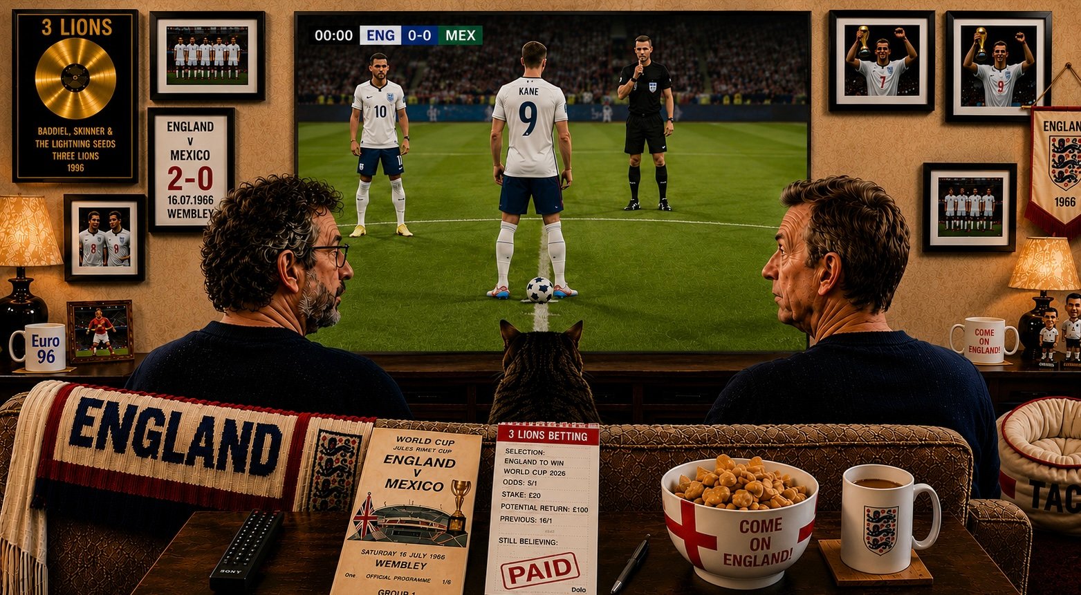 Two England supporters watch the start of a match against Mexico from a living room while Tac sits between them.