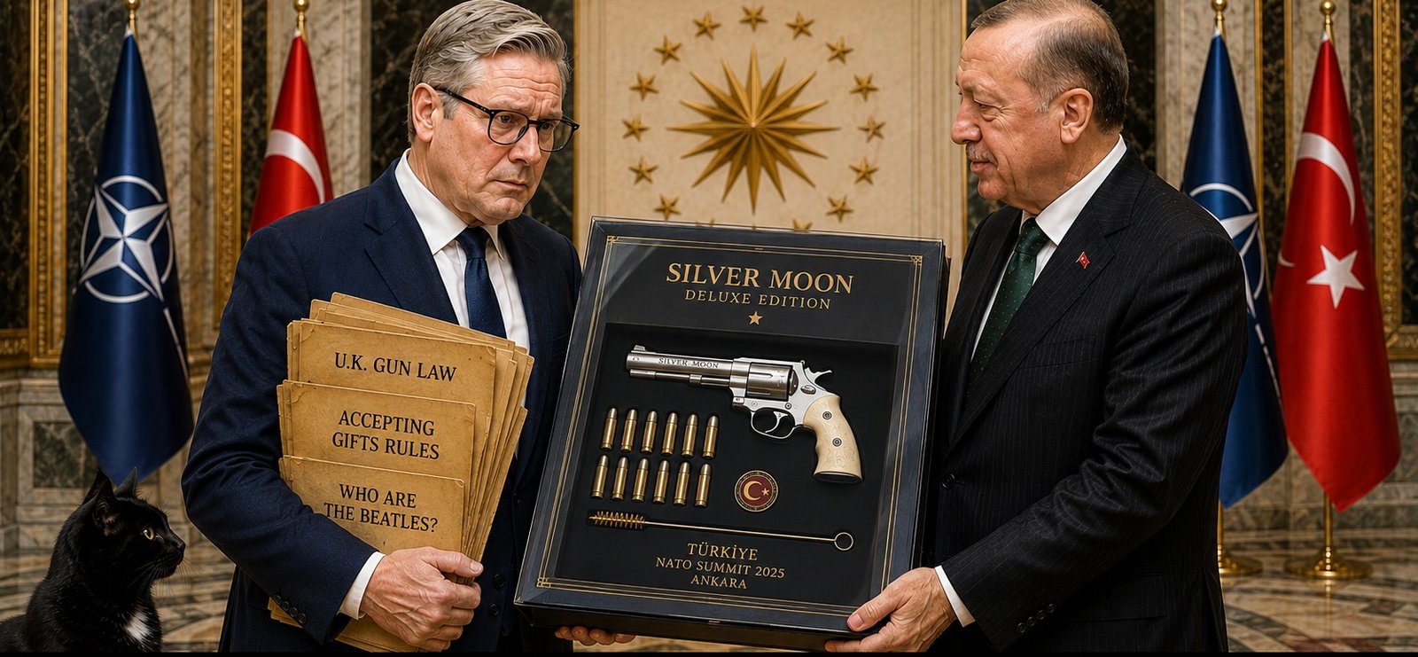 Recep Tayyip Erdogan presents Keir Starmer with a boxed revolver while Starmer holds a copy of UK gun law and Tac sits nearby.