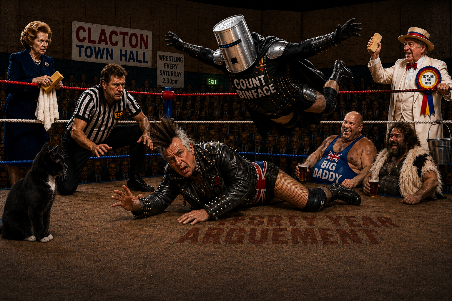 Count Binface and Nigel Farage appear in a wrestling ring while a referee and other political figures look on and Tac watches from ringside.