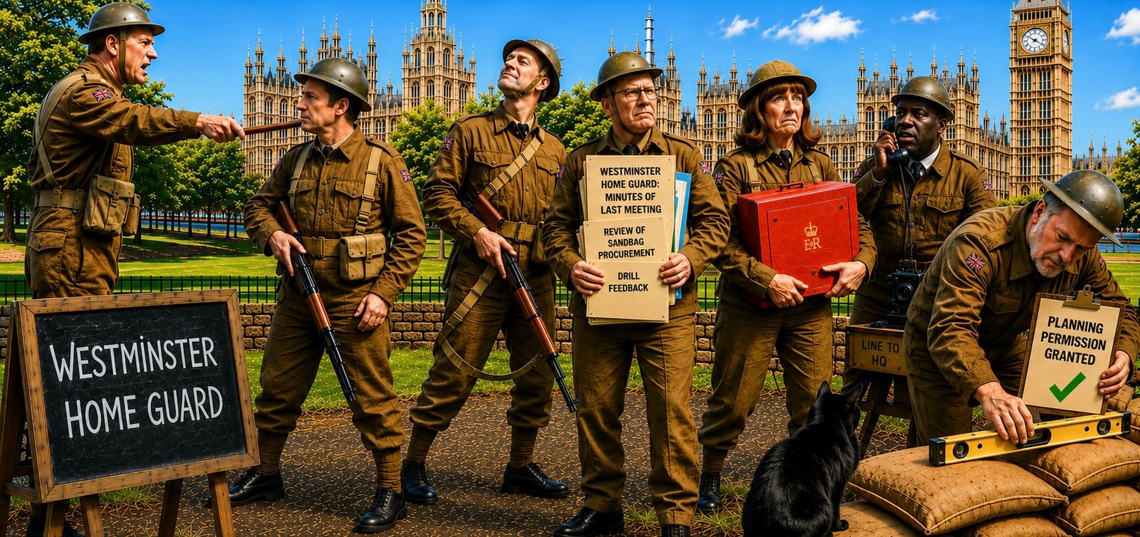 Former ministers take part in a confused Westminster Home Guard drill in Victoria Tower Gardens while Tac watches.