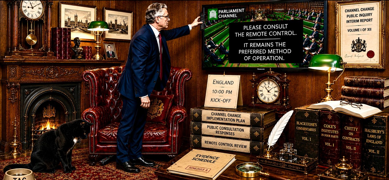 Officials conduct a formal enquiry into a missing television remote while England’s match is shown and Tac watches.