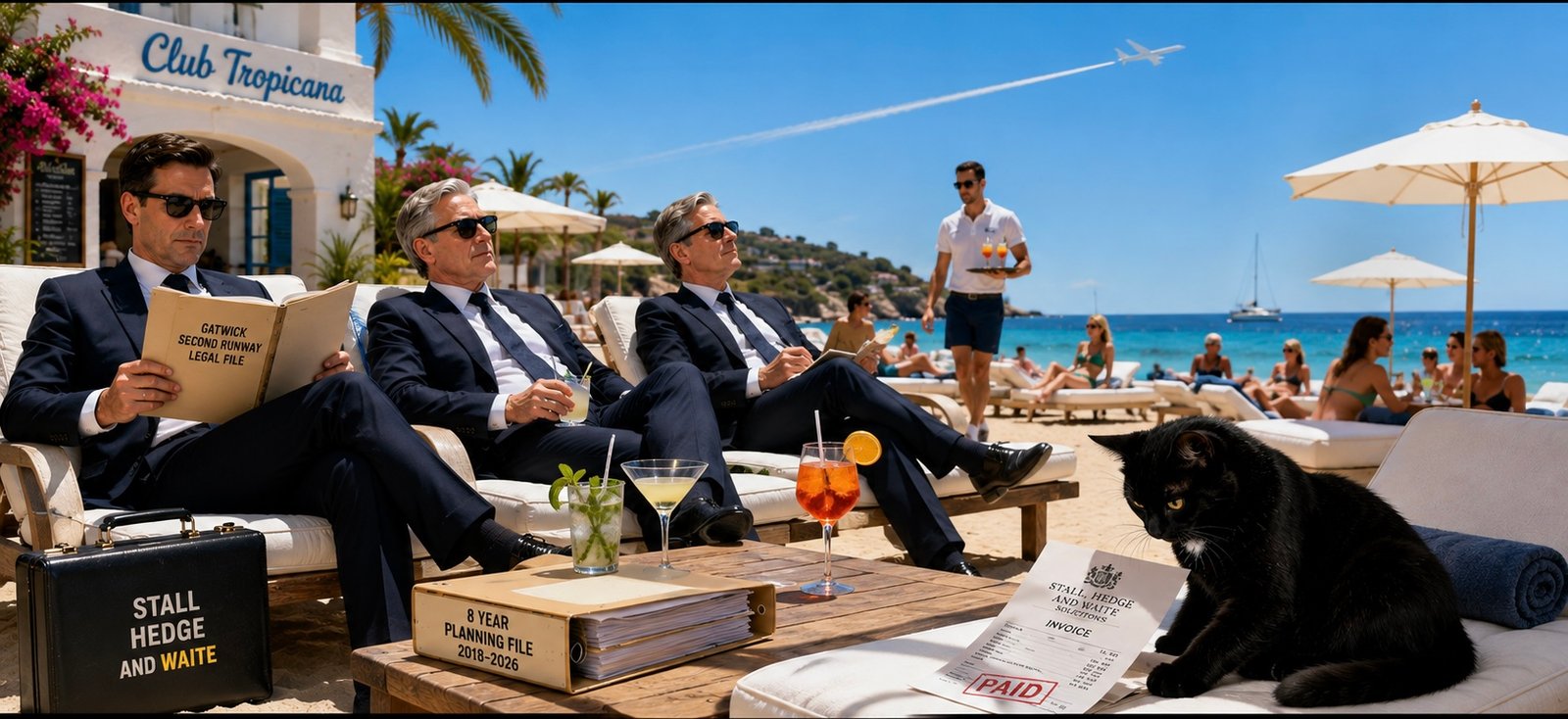 Three men in dark suits relax on sun loungers at a beach club beneath a Club Tropicana sign. Legal papers, an eight-year planning folder and a paid invoice lie nearby while Tac examines the paperwork.