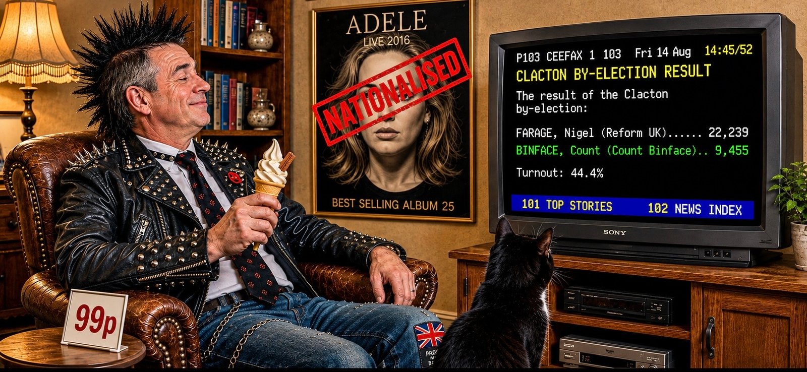 A man in a studded leather jacket and mohawk sits in an armchair holding a soft-serve ice cream cone, with a 99p price card beside him. An Adele concert poster on the wall is stamped NATIONALISED, while a television shows the Clacton by-election result on Ceefax: Farage 22,239, Binface 9,455 and turnout 44.4 percent. A black cat with a small white chest patch sits watching the screen.