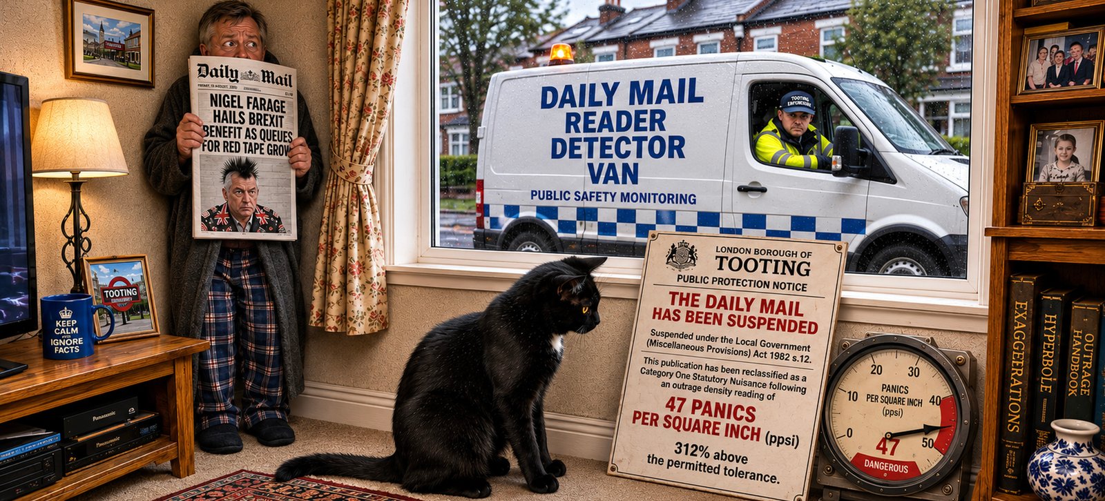 A man hides behind a Daily Mail beside a window as a white van marked Daily Mail Reader Detector Van, Public Safety Monitoring, sits outside. Indoors, Tac sits beside a public protection notice stating the Daily Mail has been suspended after a reading of 47 panics per square inch, with a gauge also showing 47.