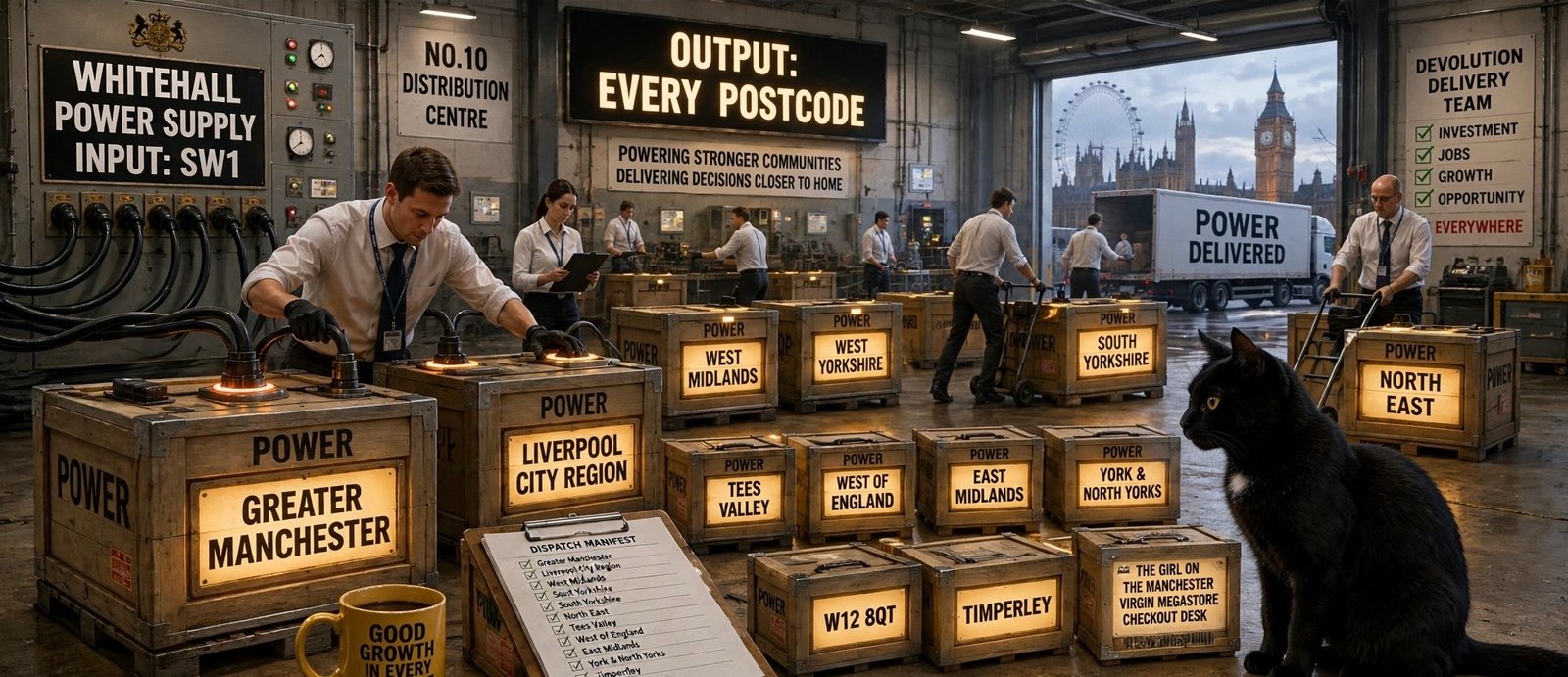 Workers handle wooden crates marked with English regions in a Whitehall power-distribution centre. Three smaller crates in the foreground are labelled W12 8QT, Timperley, and The Girl on the Manchester Virgin Megastore Checkout Desk, while Tac sits beside them.