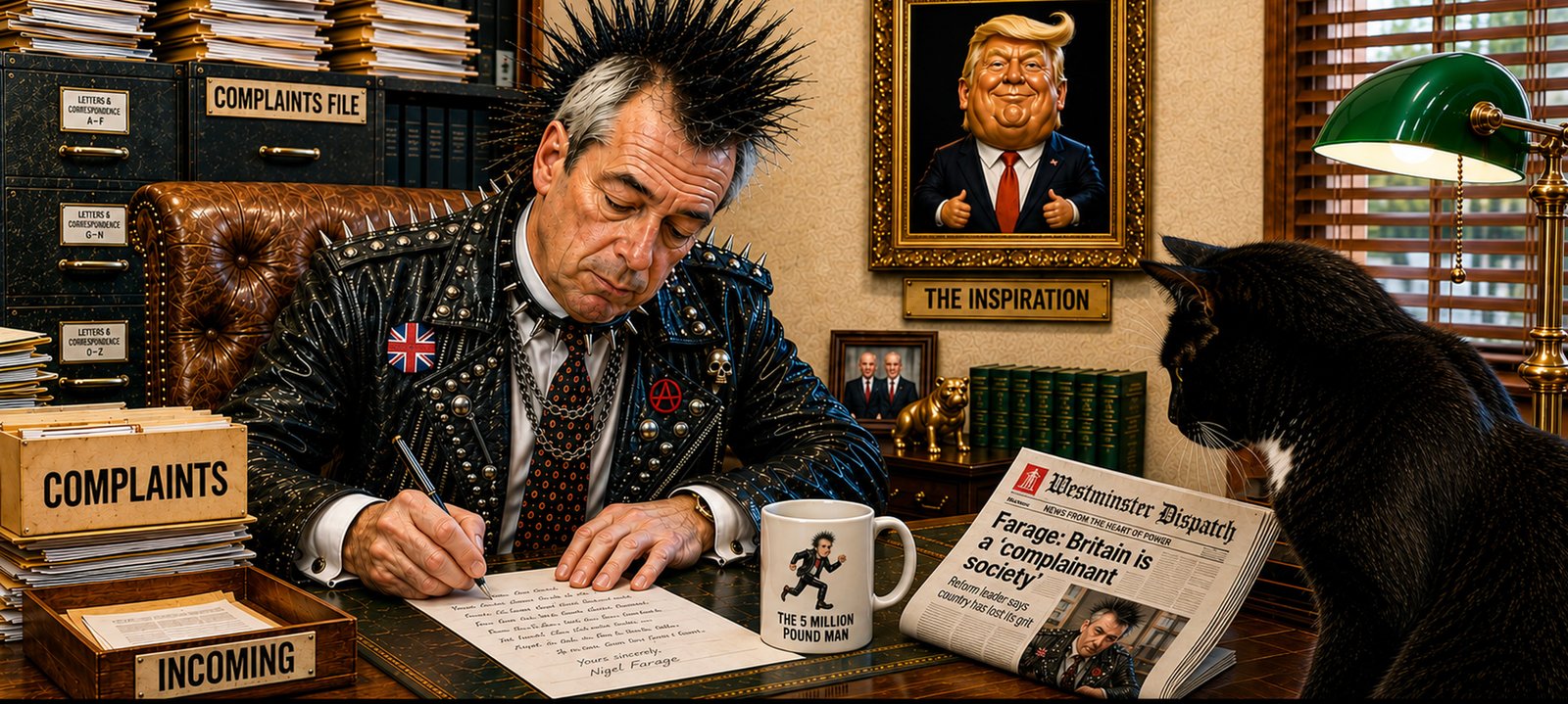 Nigel Farage sits at a desk writing amid piles of correspondence and filing cabinets labelled Complaints. Tac watches beside a newspaper reporting Farage’s warning that Britain is a complainants’ society.