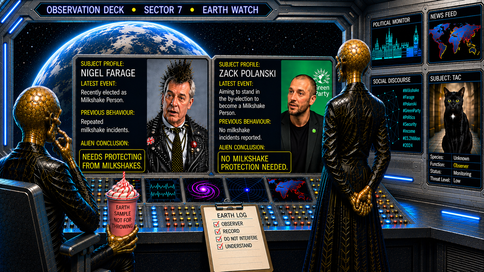 Two extraterrestrial observers on an observation deck compare profiles of Nigel Farage and Zack Polanski on large screens. Farage is marked as needing protection from milkshakes, while Polanski is marked as needing no milkshake protection. A separate monitor shows Tac classified as an Observer.