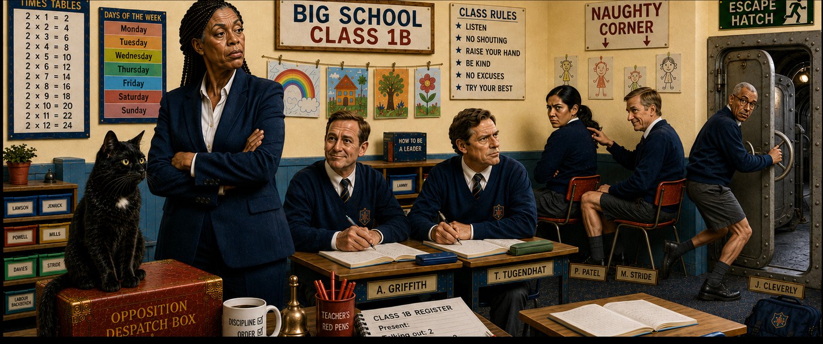 Kemi Badenoch stands at the front of a classroom while members of the Shadow Cabinet sit at school desks in uniform, with Tac on the Opposition Dispatch Box. Classroom signs include rules, times tables and a Naughty Corner, while one pupil heads towards an Escape Hatch.