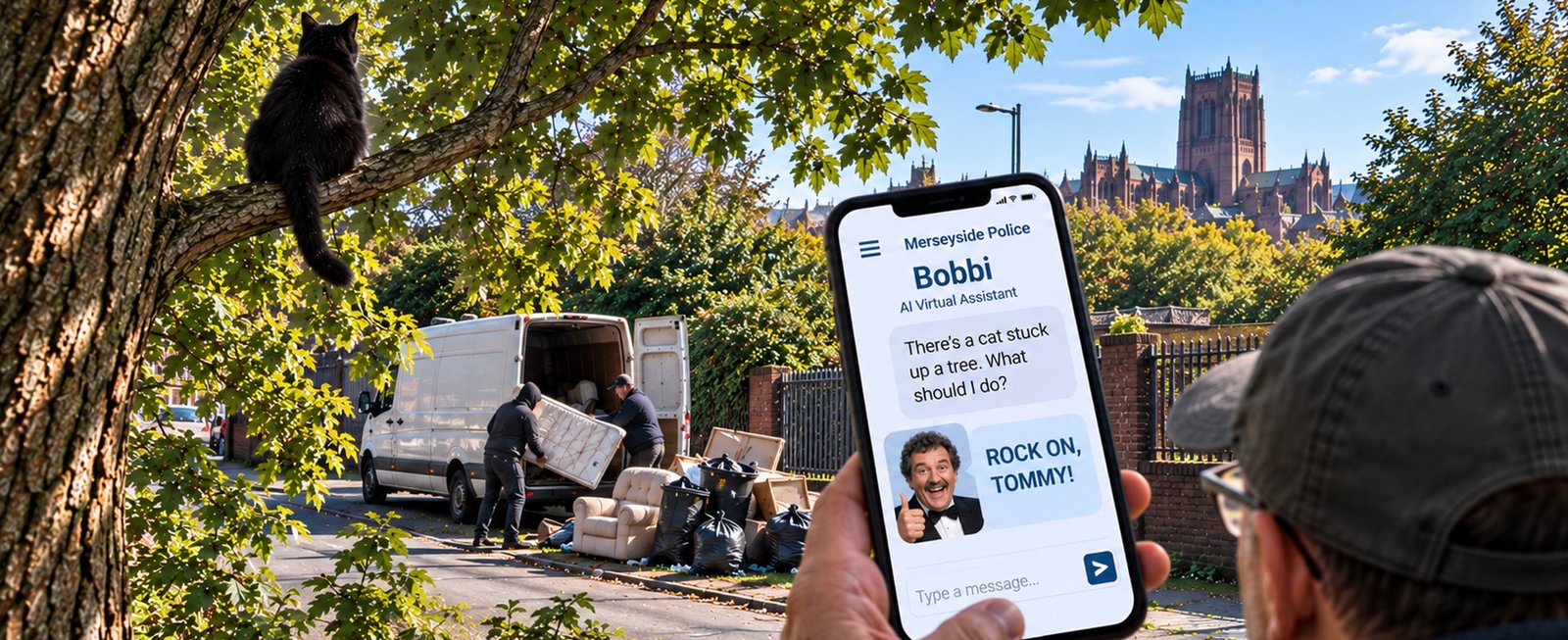 Tac, a small black cat, sits high in a leafy tree while two men unload furniture and rubbish beside a white van. In the foreground, a phone shows the Merseyside Police Bobbi virtual assistant replying ‘Rock on, Tommy!’ to a question about a cat stuck up a tree. Liverpool Cathedral is visible behind the scene.