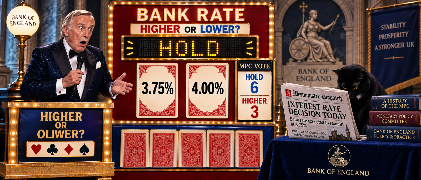 A brightly lit Bank of England game-show scene shows a surprised silver-haired host beside a board headed ‘Bank Rate’ and ‘Higher or Lower?’. The display reads ‘HOLD’, with cards showing 3.75% and 4.00% and an MPC vote panel showing HOLD 6 and HIGHER 3. Tac sits beside policy books and a Westminster Dispatch newspaper headed ‘Interest Rate Decision Today’.