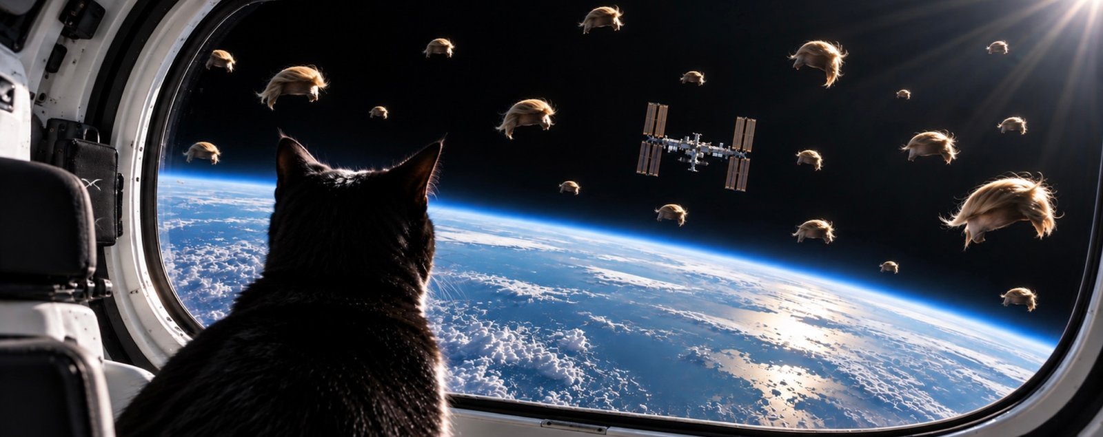 Tac, a small black cat, is seen from behind inside a spacecraft looking through a large window towards Earth. The International Space Station is visible above the curved blue horizon, surrounded by numerous floating blond hairpieces at different distances in space.