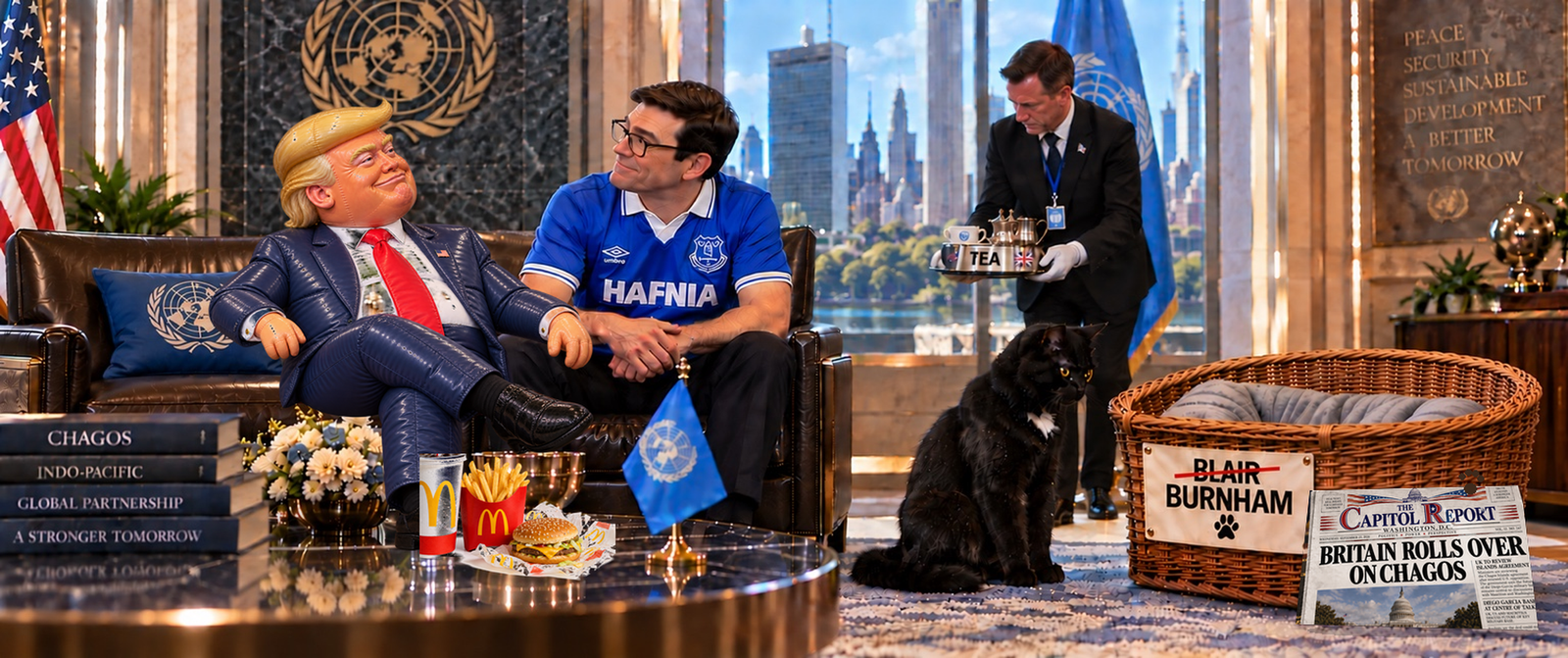 Donald Trump and Andy Burnham sit together at the United Nations. Beside them, Tac sits next to a wicker dog basket whose label shows BLAIR crossed out above BURNHAM. A newspaper on the floor reads “Britain Rolls Over on Chagos”.