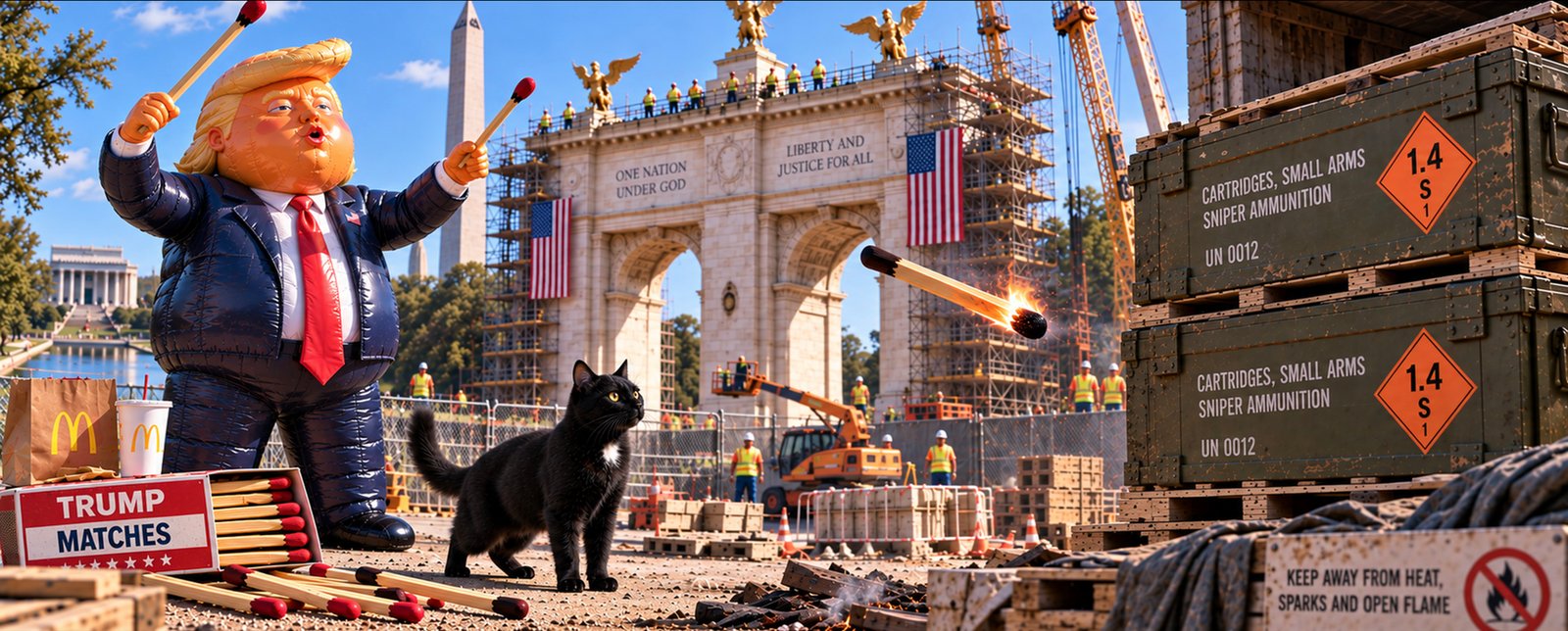 Donald Trump stands at the construction site of a monumental arch, holding a box labelled “Trump Matches” and a lit match. Ammunition crates are stacked nearby while Tac watches from the foreground.