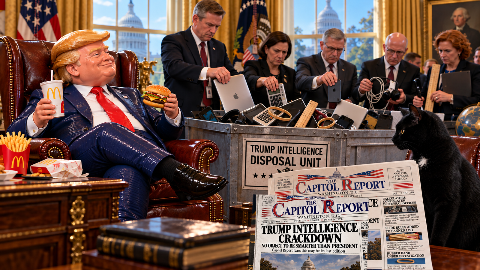 Donald Trump sits in the Oval Office holding a burger and drink while officials place laptops, phones, calculators, rulers and other equipment into a metal bin labelled “Trump Intelligence Disposal Unit”. Tac watches beside newspapers reporting the intelligence crackdown.