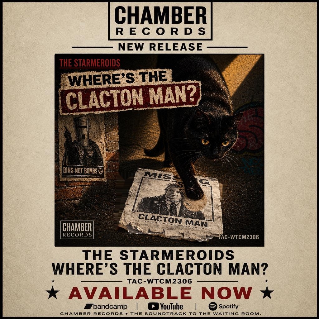 A vintage-style record advert showing Tac beside a missing-person poster for Where’s the Clacton Man.